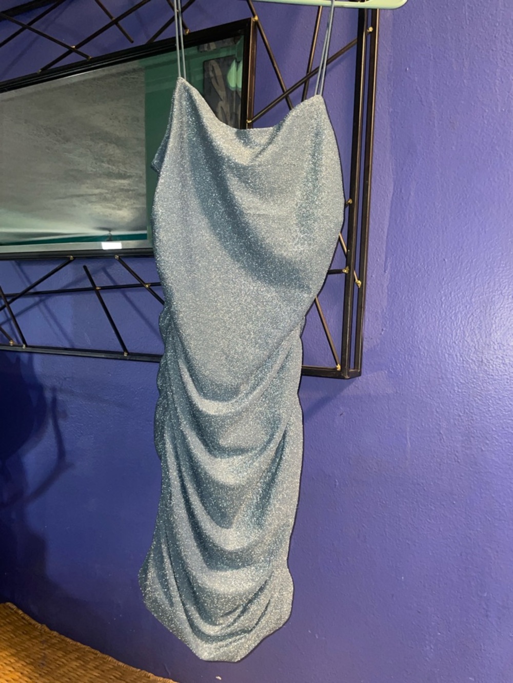 Sparkly Blue Silver Cowl Neck Ruched Mini Dress
